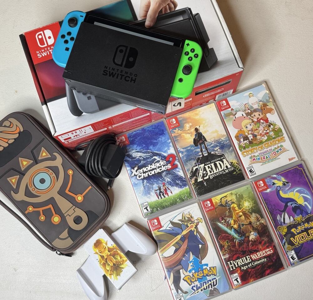 Nintendo Switch Console Bundle Neon Blue Red 6 Games Dock Case Joy-Con Grip Test